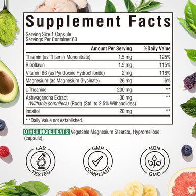 Vitalibre L-Theanine 200Mg Supplement, Magnesium Glycinate, Ashwagandha, Inositol, Vitamin B1 B2 B6, No Gluten, Calm, Relaxation, Focus, Cognitive Function, 60 Vegan Caps