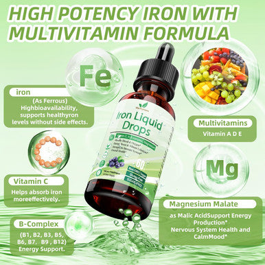 Liquid Iron Supplement For Women Men & Kids, Vegan Iron Drops With Vitamin C D, B12, B-Complex, High Potency Liquid Iron With Multivitamin For Anemia, Energy Support, Blood, Magnesium Iron Gentle