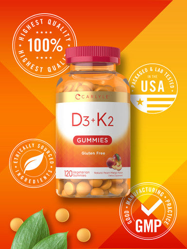 Vitamin D3 K2 Gummies | 120 Count | With Calcium | Vegetarian, Non-Gmo, And Gluten Free Vitamin Supplement | By Carlyle