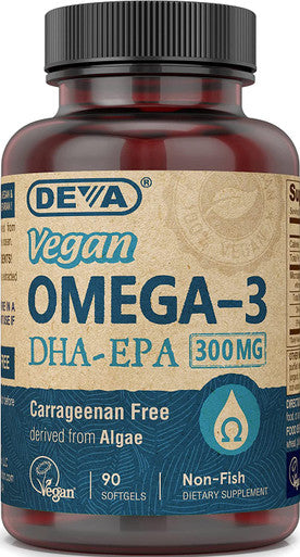 Deva Vegan Omega-3 DHA EPA Supplement Once-Per-Day Softgel 300 MG - Carrageenan Gelatin & Gluten - Non-Fish Algae Oil Fatty Acids - 90 Softgels