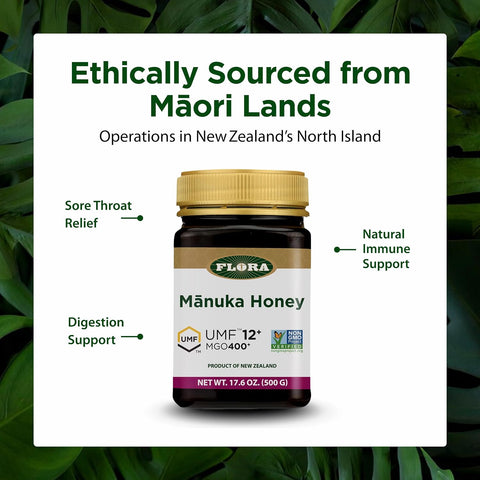 Flora - MÃƒâ€žÃ‚Ânuka Honey MGO 400+/12+ UMF, New Zealand Honey, 100% Traceable MGO,Natural Healing, Sore Throat Relief, Aids Digestion, 17.6-oz. Jar