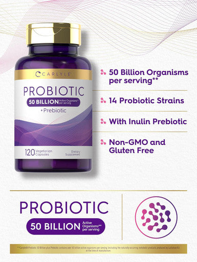 Carlyle Probiotics with Prebiotics | 120 Capsules | 50 Billion Active Organisms | Non-GMO & Gluten Supplement