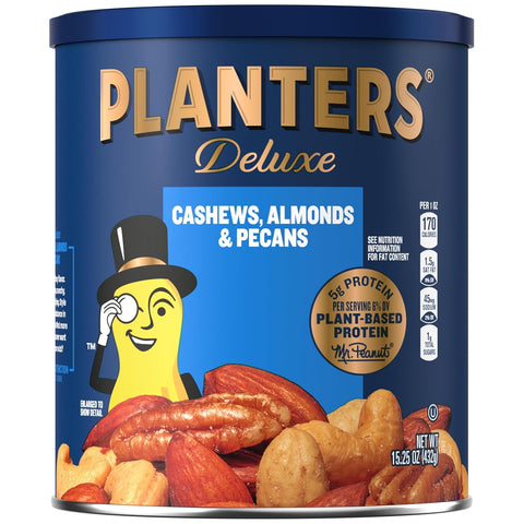 PLANTERS Deluxe Unsalted Mixed Nuts, Plant Based Protein, 15.25 Oz (1 Ct) | Mixed Nuts: Cashews, Almonds, Brazil Nuts, Pistachios, Pecans. Snacks for Adults. Resealable Canister. Party Snack