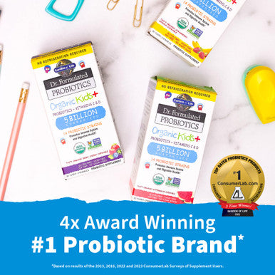 Garden of Life Dr. Formulated Probiotics Organic Kids+ Plus Vitamin C & D Strawberry Banana Gluten Dairy & Soy Free Immune & Digestive Health Supplement No Added Sugar 30 Chewables (Shelf Stable)