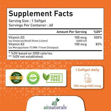 Aitnaturals Plant-Based Vitamin D3 (4000 IU) + K2 (MK7) with Organic Coconut Oil - 60 Softgels | Supports Bone Health Boosts Immune Function Enhances Muscle Strength & Optimizes Calcium Absorption