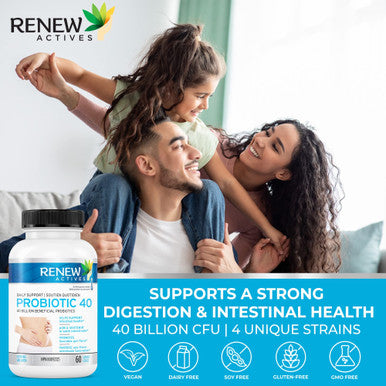 Renew Actives Probiotic 40 Billion Cfu Supplement - Double Strength High Potency For Health & Favourable Gut Flora - Daily Support For Both Men And Women Digestive Health - 60 Capsules