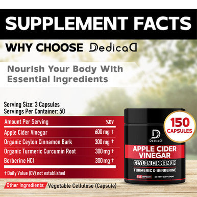 Apple Cider Vinegar Capsules 600Mg Ceylon Cinnamon 300Mg Turmeric Curcumin 300Mg & Berberine 300Mg - Dietary Supplement Support
