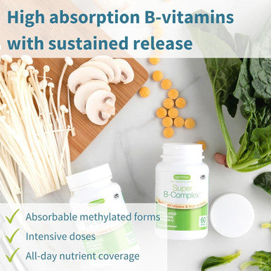 Super B-Complex - High Absorption Methylated B Vitamins, Clean Label, Sustained Release - Complete Spectrum Of B Vitamins With Folate, Boosted B12 & Vitamin C, 60 Tablets, By Igennus