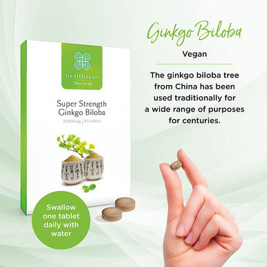 Healthspan Ginkgo Biloba 10,000mg (120 Tablets) | Added Iodine & Vitamin B5 | Reduce Tiredness & Fatigue | Support Cognitive Function & Mental Performance | Rich Source of Flavone Glycosides | Vegan