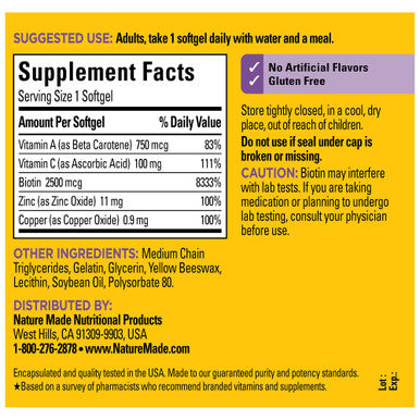 Nature Made Hair Skin And Nails With Biotin 2500 Mcg Dietary Supplement For Healthy Hair Skin And Nails Support 120 Softgels 120 Day Supply