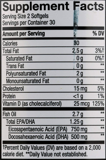 Nature's Way Ultra Pure Omega3 Fish Oil Plus Vitamin D, 1250 mg EPA/DHA, Citrus Punch, 60 Softgels
