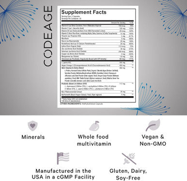 Codeage Clearface Pantothenic Acid Niacin Supplement Vitamins A C D3 E Probiotics Zinc Riboflavin Thiamin L-Lysine HCL & Omega-3 Niacinamide Skin Botanical Blend - Non-GMO - 90 Capsules