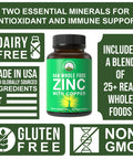 Raw Whole Food Zinc With Copper + 25 Vegetables And Fruit Blend For Max Absorption. Immune Support Supplement Capsules. Two Essen