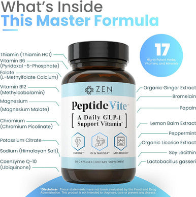 Zen Nutrients Peptidevite Glp-1 Support Vitamin For Gut Health With Probiotics, Bromelain, Chromium Picolinate & Organic Ginger (60 Capsules)