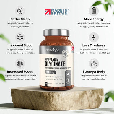Vitabright Chelated Magnesium Glycinate 300mg Elemental Magnesium (1500mg Magnesium Bisglycinate) 180 Magnesium Capsules x2 Day High Strength Magnesium Supplements for Sleep VitaBright Pure Magnesium Glycinate