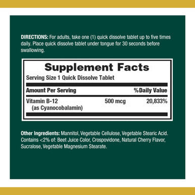 Nature's Bounty Vitamin B12 Supports Energy Metabolism And Nervous System Health 500Mcg 100 Quick Dissolve Tablets