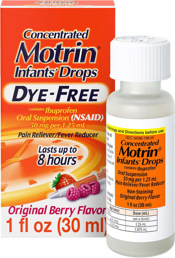 Motrin Infants' Ibuprofen Fever Reducer Dye and Alcohol Free Concentrated Drops Oral Suspension Includes Clear Syringe with Markings for Dose Measuring Berry Flavor