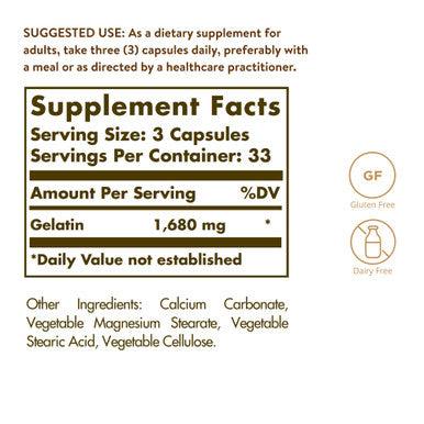 Solgar Gelatin 1680 Mg 100 Capsules - Natural Gelatin - Supports Bone Joint & Skin Health - Gluten Free Dairy Free - 33 Servings
