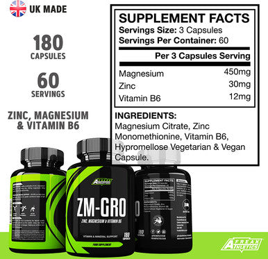 ZM-GRO - Zinc, Magnesium & Vitamin B6 ZMA 180 Capsules - Helps Support Testosterone - Promotes Muscle Strength, Recovery, Energy & Better Sleep - UK Made ZMA Tablets
