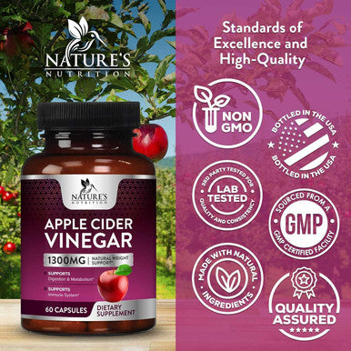 Nature'S Nutrition Apple Cider Vinegar Capsules for Detox & Cleanse - 1877mg per Serving - ACV Pills with Digestion Gut Health & Natural Weight Support - Extra Strength - Non-GMO Supplement - 60 Vegetarian Capsules