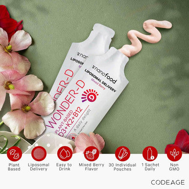 Codeage Liposomal Vitamin D3 Liquid Supplement Sachet Wonder-D Cholecalciferol Vegan Liquid Multivitamin Plant-Based Vitamins K2 B12 Non-GMO Phospholipids Vitamin E Berry Flavor - 30 Pouches