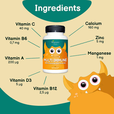 Kids Multivitamin Gummies Vegavero | with Vitamin C, D3, B12, A, B6, Zinc, Calcium & Manganese | NO Preservatives | 100% Vegan | Immune System Support | Forest Fruit Flavour | 60 Gums