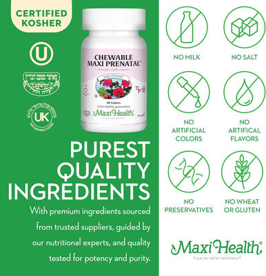 Maxi Health Chewable Prenatal Vitamin - Over 25 Essential Vitamins and Minerals - Doctor Formulated for Pregnant and Lactating Women - 90 count
