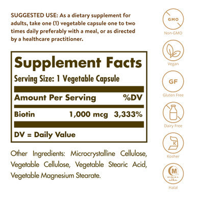 Solgar Biotin 1000 Mcg 250 Vegetable Capsules - Supports Healthy Skin Nails & Hair - Energy Metabolism - Enhanced Potency - Non-Gmo Vegan Gluten Free Dairy Free Kosher Halal - 250 Servings