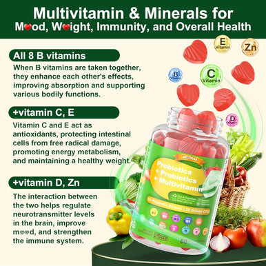 Probiotics Gummies For Women & Men - Fiber Probiotics Gummies With Prebiotics 50 Billion Cfus Probiotics, Inulin, Psyllium Husk & Multivitamin For Gut, Digestion & Immune Health, Vegan, 2 Pack