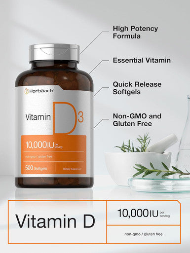 HorbAach Vitamin D3 10000 Iu 500 Softgels Non-Gmo, Gluten Supplement Value Size 250Mcg High Potency Formula