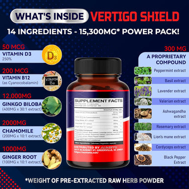 Aumeto Vertigo Support Complex with Ginkgo Biloba Chamomile Ginger Vitamin D3 B12 - Advanced 14-in-1 Formula for Spinning Dizziness Inner Ear Balance - Made in The USA