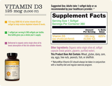 Naturewise Vitamin D3 5000Iu 125 Mcg 1 Year Supply For Healthy Muscle Function And Immune Support Nongmo Gluten Free In Coldpressed Olive Oil Packaging Vary Mini Softgel 360 Count