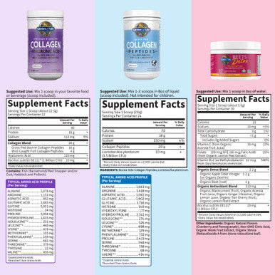 Garden of Life Collagen Beets Bundle: Multi-Sourced Collagen Hyaluronic Acid Unflavored 12 Servings + Organic Beets Detox Cranberry Pomegranate 30 Servings + Collagen Peptides Powder 14 Servings