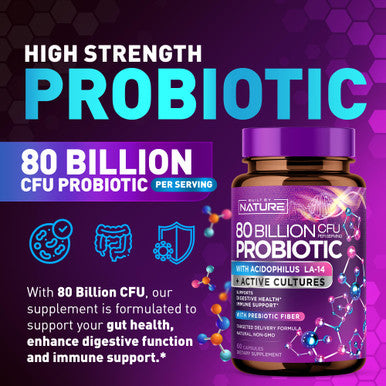 Built Nature 80 Billion Cfu Probiotic - Daily Digestive Gut Health Supplement For Men & Women - Lactobacillus Acidophilus, Bifidobacterium & Prebiotics - Non-Gmo, Gluten & Dairy Free, Shelf-Stable - 60 Capsules