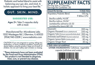 Mebiotics Probiotic & Herbal Supplement Dry 2 - Bacillus Subtilis + Lemon Balm for Skin + Gut Health - Oral Probiotics to Support Gut, Mind, & Skin - for Dry Skin Types (60 Capsules)