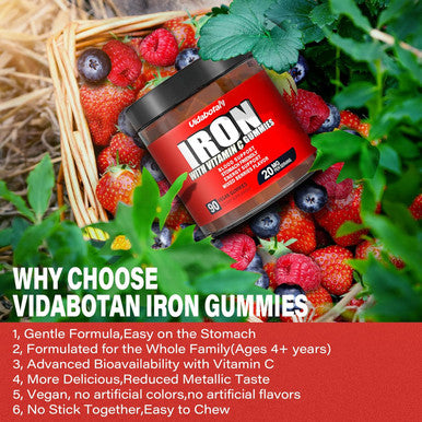 Sugar Iron Gummies For Women Men & Kids-Iron Supplement 20Mg With Vitamin C For Iron Deficiency, No Rust Taste, Gentle Iron For Stomach, Mixed Berries Flavor, 90 Vegan Gummies.