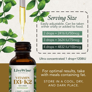 Live Wise Naturals Vitamin D3 With K2 Liquid Drops All Natural Non Gmo 1208Iu D3 And 25Mcg K2 (Mk7) Per Serving Support Your Bones Immune System And Energy Levels With Or Without Peppermint Oil