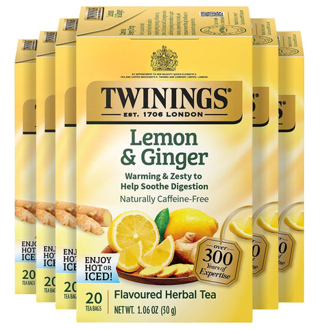 Twinings Lemon & Ginger, Caffeine-Free Herbal Tea Bags, 100 CT Box (1 Pack) | Spicy & Tangy, Ginger, Lemon Peel, Lemongrass, Blackberry Leaves, Soothe Digestion, 100 Foil Lined Individually Wrapped Bags