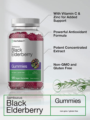 Sambucus Black Elderberry Gummies | 120 Count | with Zinc and Vitamin C | Vegan, Non-GMO, Gluten Free Extract for Adults | Natural Berry Flavor | by Horbaach