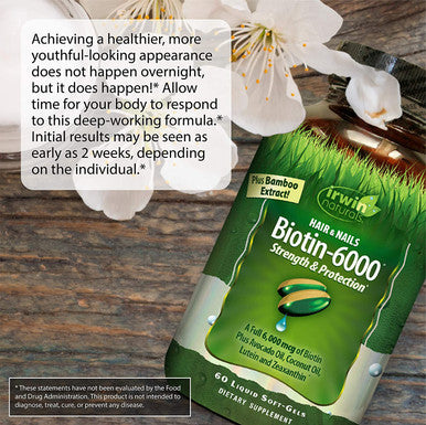 Irwin Naturals Biotin-6000 Supports Healthy Skin Hair & Nails - Strength + Protection With High Potency 6000 Mcg Bamboo Avocado Coconut & More - Maximum Absorption - 60 Liquid Softgels