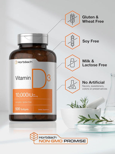 HorbAach Vitamin D3 10000 Iu 500 Softgels Non-Gmo, Gluten Supplement Value Size 250Mcg High Potency Formula