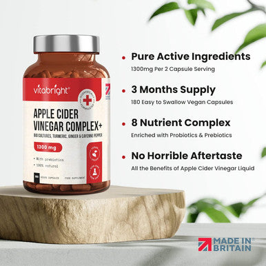 Vitabright Apple Cider Vinegar Capsules with Probiotics Prebiotics Turmeric Ginger & Cayenne Pepper - 180 ACV Capsules (not Gummies not Tablets) - 1300mg per Serving - Raw & Unfiltered - Keto - VitaBright