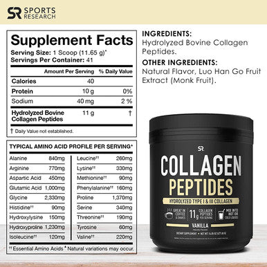 Sports Research Collagen Powder Supplement Vital for Healthy Joints Bones Nails Hydrolyzed Protein Peptides Great Keto Friendly Nutrition for Men Women Mix in Drinks Vanilla 16.9 Oz