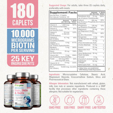 Biophix Hair Skin And Nails Complex 180 Caplets With 10,000 Mcg Biotin - Multivitamin Supports Strong Nails Beautiful Hair Healthy Aging