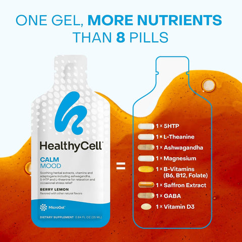 Healthycell Calm Mood Daily Liquid Supplement - Cortisol Manager & Mood Support Supplement For Stress With Ashwagandha L-Theanine Magnesium 5-Htp Gaba & Saffron - 30 Gel Packs