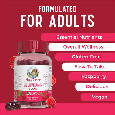 Maryruth Organics Multivitamin Multimineral Vita-Beans for Women & Men | Vegan Chewable Vitamins for Ages 14+ | Immune Support | Bone Health | Raspberry Flavor | 90 Count