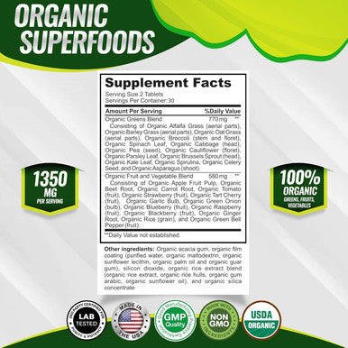 Organic Super Greens Capsules Superfood Fruit Veggie Supplement - 28 Powerful Natural Ingredients With Alfalfa, Beet Root, Tart Cherry & Ginger For Immune & Energy Support, For Men Women, 60 Tablets
