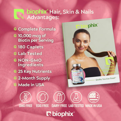 Biophix Hair Skin And Nails Complex 180 Caplets With 10,000 Mcg Biotin - Multivitamin Supports Strong Nails Beautiful Hair Healthy Aging