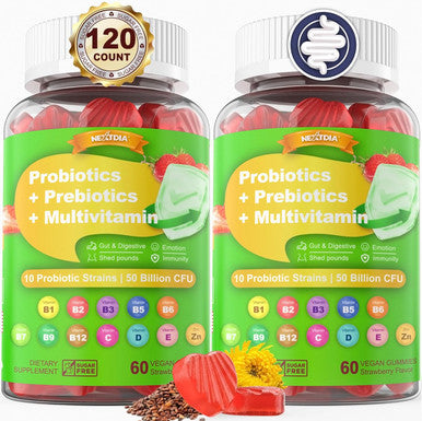 Probiotics Gummies For Women & Men - Fiber Probiotics Gummies With Prebiotics 50 Billion Cfus Probiotics, Inulin, Psyllium Husk & Multivitamin For Gut, Digestion & Immune Health, Vegan, 2 Pack