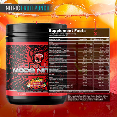 Gorilla Mode Nitric Stimulant Free Pre-Workout Best Tasting and Most Effective Stimulant Free Pre-Workout / Massive Pumps Vasodilation Power / 688 Grams (Fruit Punch)